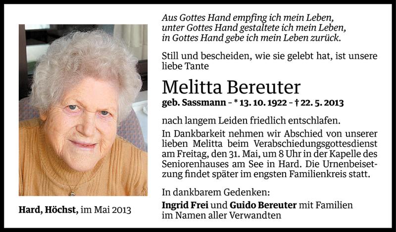  Todesanzeige für Melitta Bereuter vom 28.05.2013 aus Vorarlberger Nachrichten