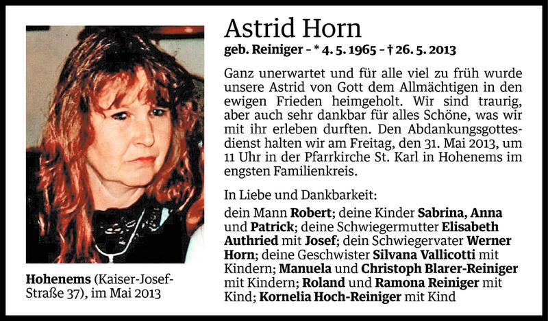  Todesanzeige für Astrid Horn vom 28.05.2013 aus Vorarlberger Nachrichten