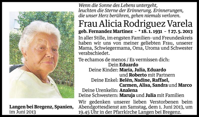  Todesanzeige für Alicia Rodriguez Varela vom 01.06.2013 aus Vorarlberger Nachrichten