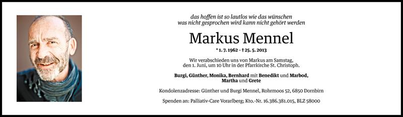  Todesanzeige für Markus Mennel vom 29.05.2013 aus Vorarlberger Nachrichten