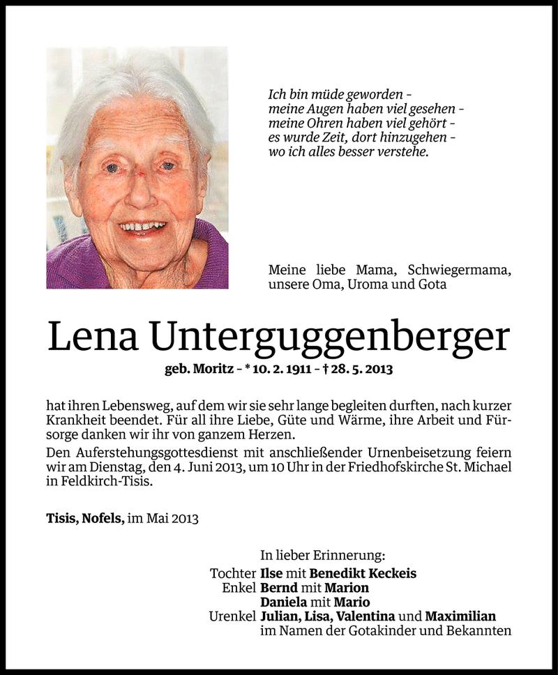  Todesanzeige für Lena Unterguggenberger vom 31.05.2013 aus Vorarlberger Nachrichten