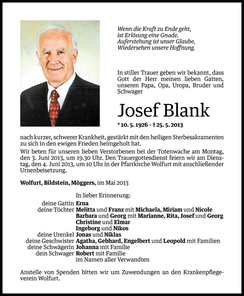  Todesanzeige für Josef Blank vom 31.05.2013 aus Vorarlberger Nachrichten