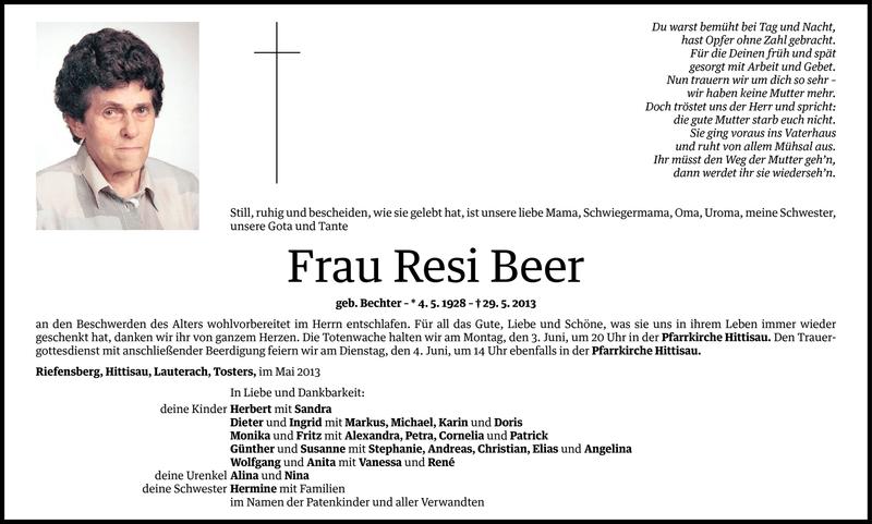  Todesanzeige für Resi Beer vom 31.05.2013 aus Vorarlberger Nachrichten