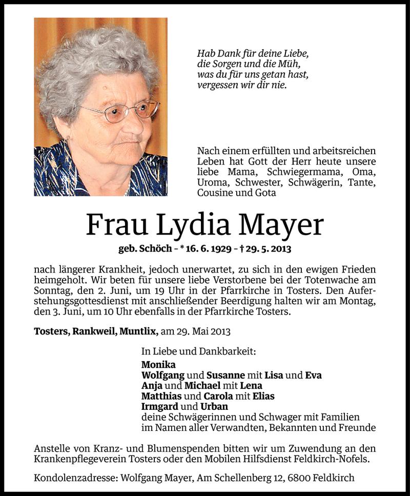  Todesanzeige für Lydia Mayer vom 31.05.2013 aus Vorarlberger Nachrichten