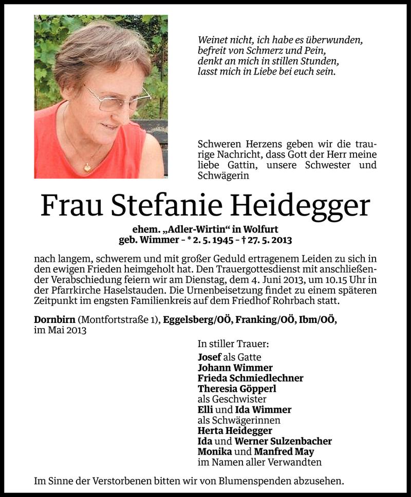  Todesanzeige für Stefanie Heidegger vom 31.05.2013 aus Vorarlberger Nachrichten