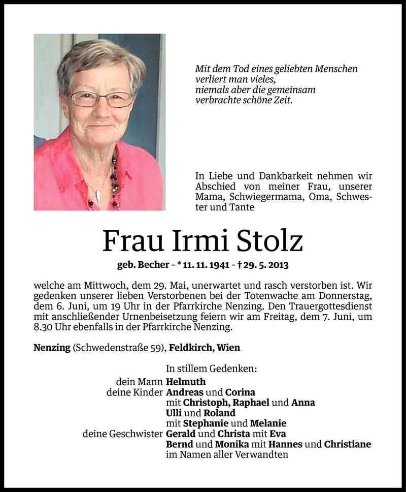  Todesanzeige für Irmi Stolz vom 05.06.2013 aus Vorarlberger Nachrichten