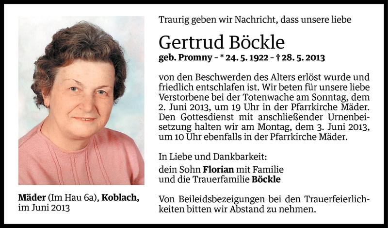  Todesanzeige für Gertrud Böckle vom 31.05.2013 aus Vorarlberger Nachrichten