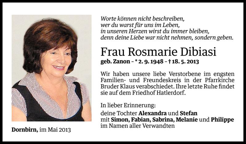  Todesanzeige für Rosmarie Dibiasi vom 31.05.2013 aus Vorarlberger Nachrichten