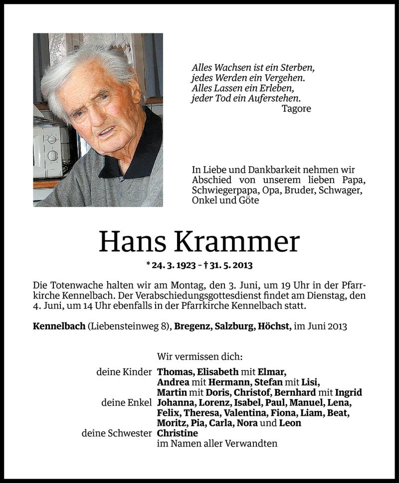  Todesanzeige für Hans Krammer vom 31.05.2013 aus Vorarlberger Nachrichten