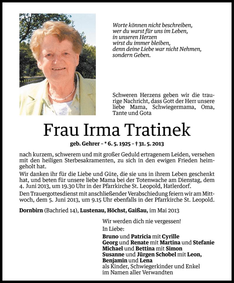  Todesanzeige für Irma Tratinek vom 02.06.2013 aus Vorarlberger Nachrichten