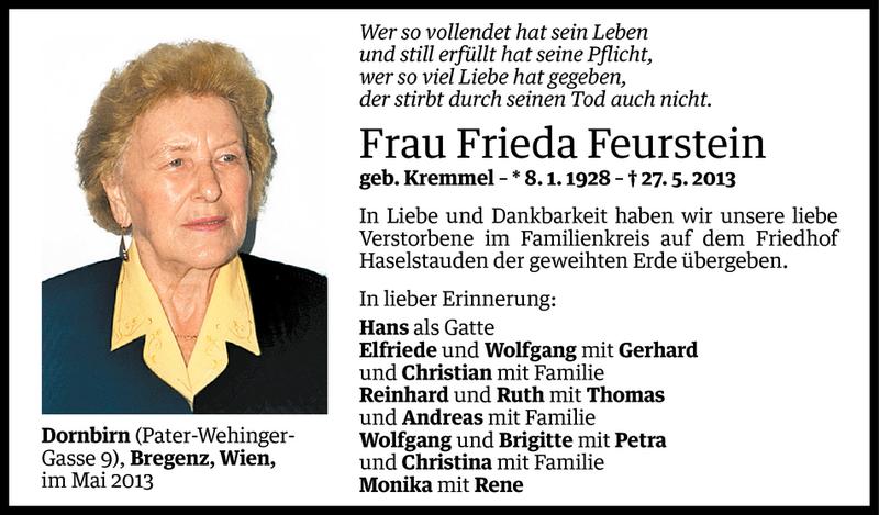  Todesanzeige für Frieda Feurstein vom 02.06.2013 aus Vorarlberger Nachrichten