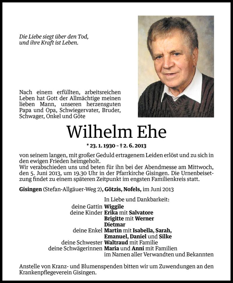  Todesanzeige für Wilhelm Ehe vom 03.06.2013 aus Vorarlberger Nachrichten