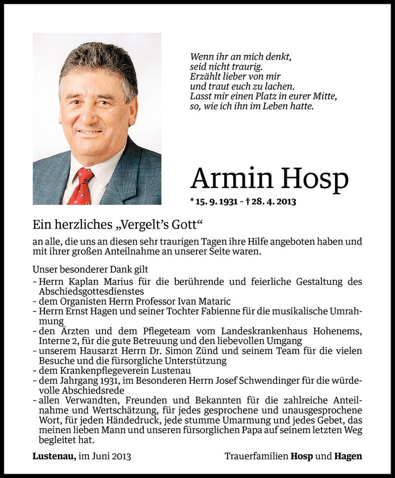  Todesanzeige für Armin Hosp vom 04.06.2013 aus Vorarlberger Nachrichten