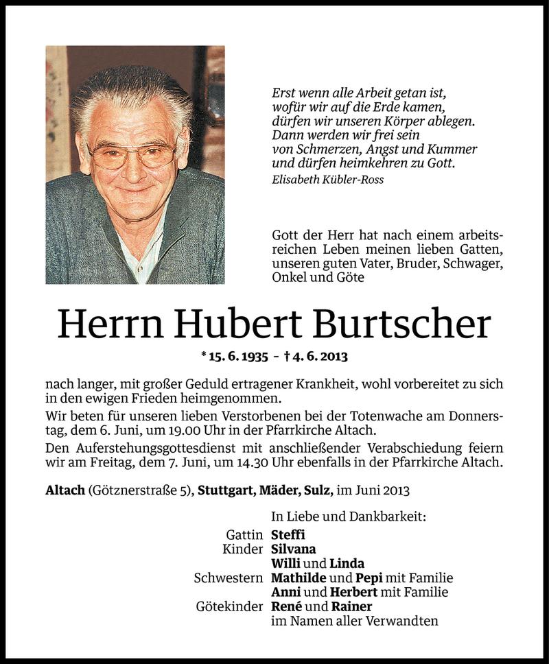  Todesanzeige für Hubert Burtscher vom 05.06.2013 aus Vorarlberger Nachrichten