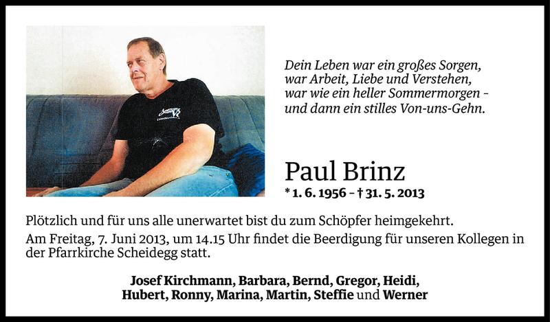  Todesanzeige für Paul Brinz vom 04.06.2013 aus Vorarlberger Nachrichten