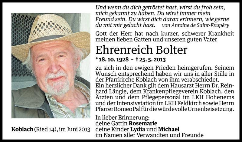  Todesanzeige für Ehrenreich Bolter vom 07.06.2013 aus Vorarlberger Nachrichten