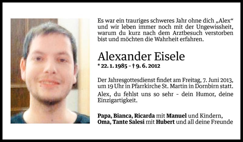  Todesanzeige für Alexander Michael Eisele vom 05.06.2013 aus Vorarlberger Nachrichten