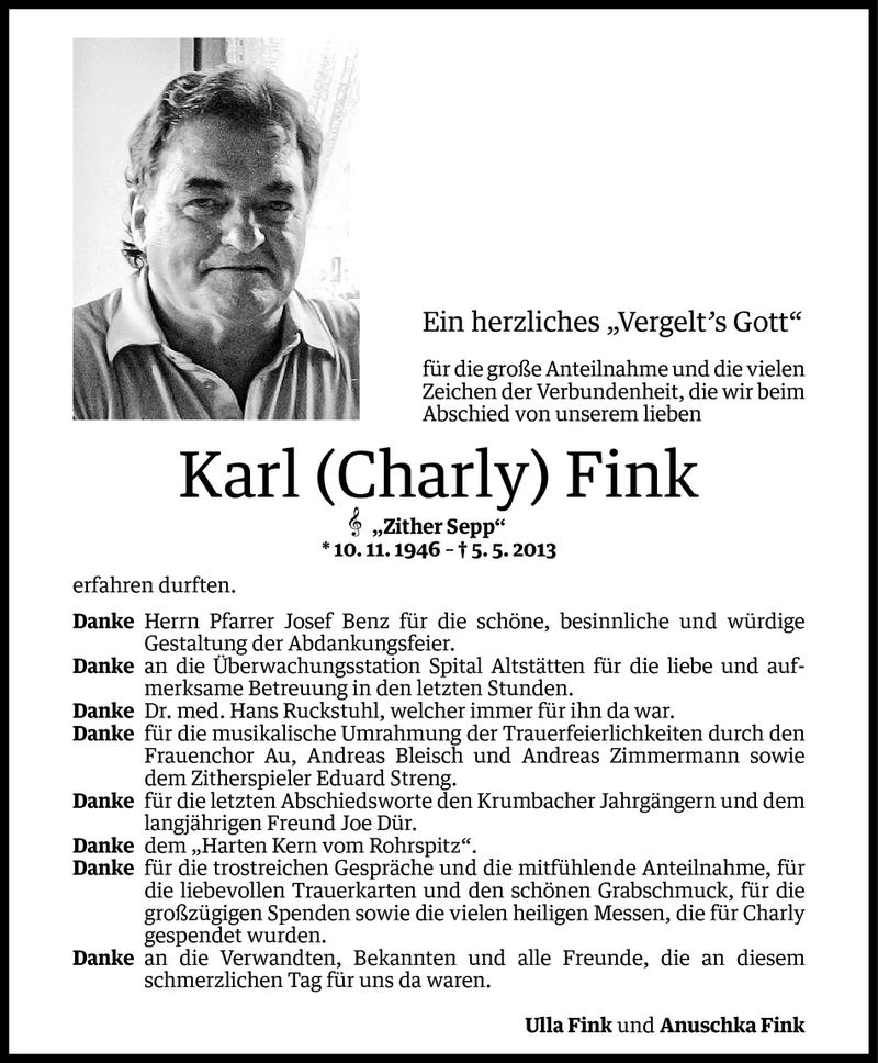  Todesanzeige für Karl (Charly) Fink vom 05.06.2013 aus Vorarlberger Nachrichten