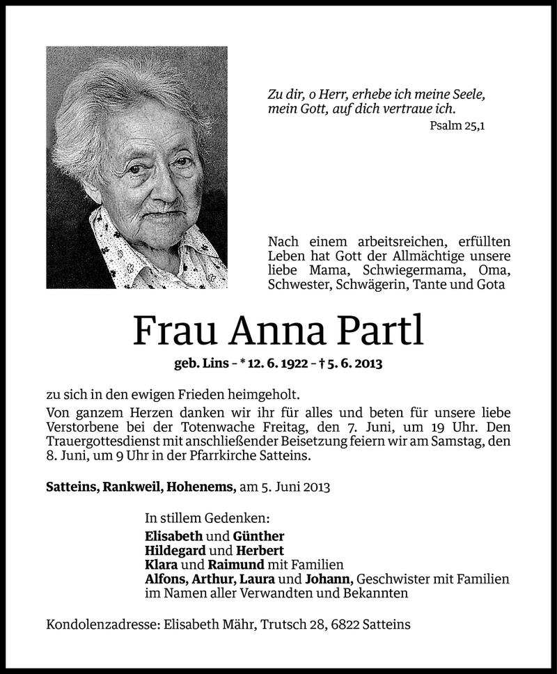  Todesanzeige für Anna Partl vom 05.06.2013 aus Vorarlberger Nachrichten