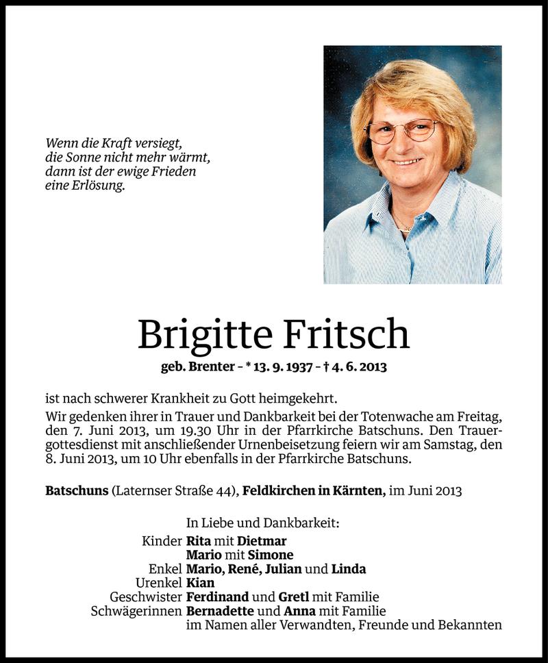  Todesanzeige für Brigitte Fritsch vom 05.06.2013 aus Vorarlberger Nachrichten