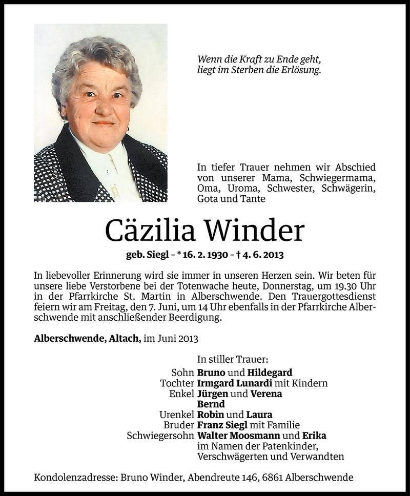  Todesanzeige für Cäzilia Winder vom 05.06.2013 aus Vorarlberger Nachrichten