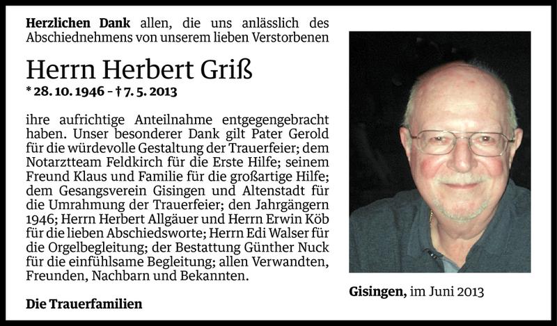  Todesanzeige für Herbert Griß vom 06.06.2013 aus Vorarlberger Nachrichten