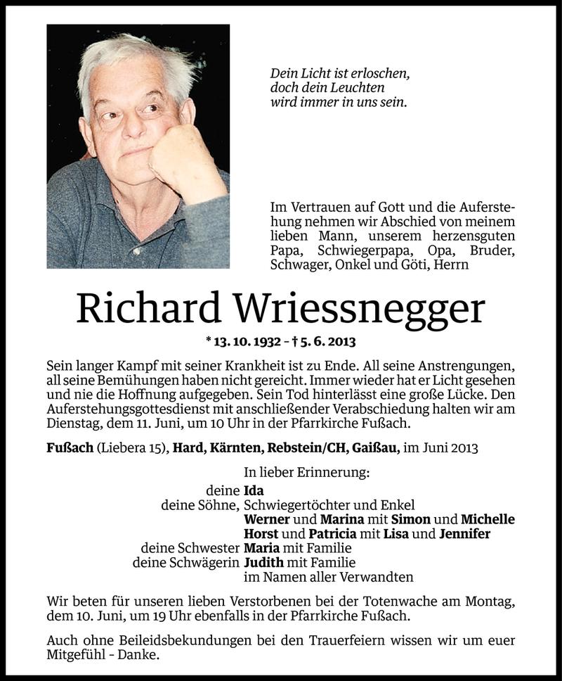  Todesanzeige für Richard Wriessnegger vom 07.06.2013 aus Vorarlberger Nachrichten