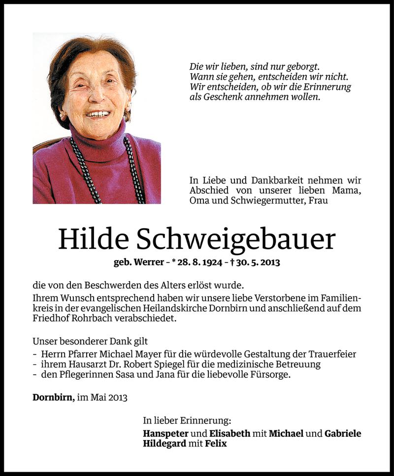  Todesanzeige für Hilde Schweigebauer vom 08.06.2013 aus Vorarlberger Nachrichten