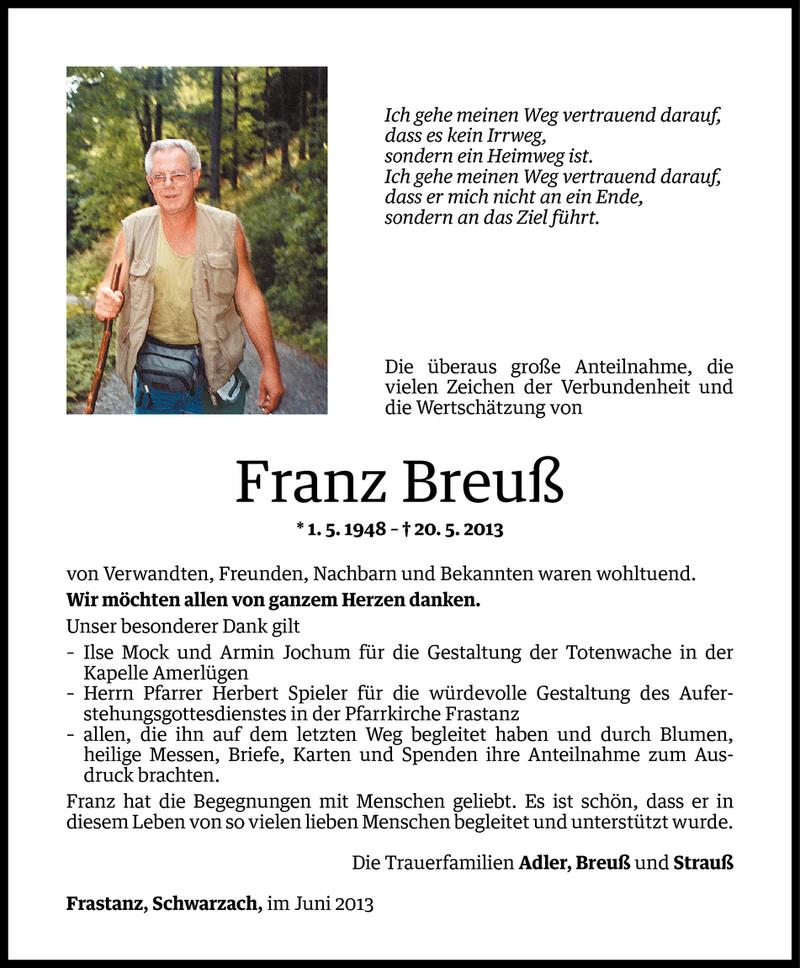  Todesanzeige für Franz Breuß vom 07.06.2013 aus Vorarlberger Nachrichten