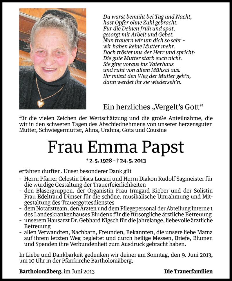  Todesanzeige für Emma Papst vom 07.06.2013 aus Vorarlberger Nachrichten