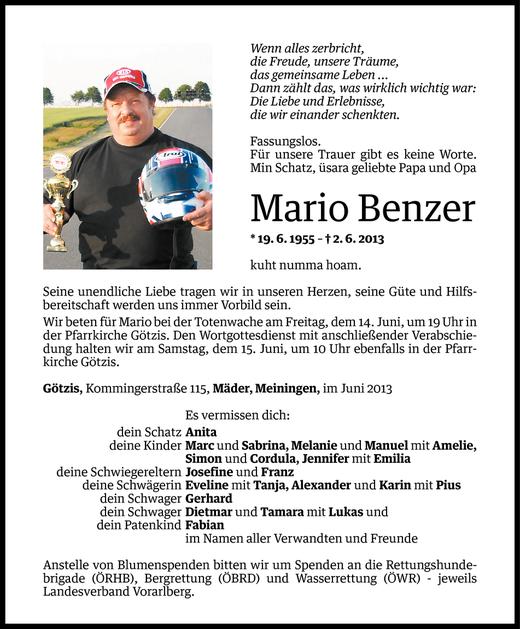 Todesanzeige von Mario Benzer von Vorarlberger Nachrichten