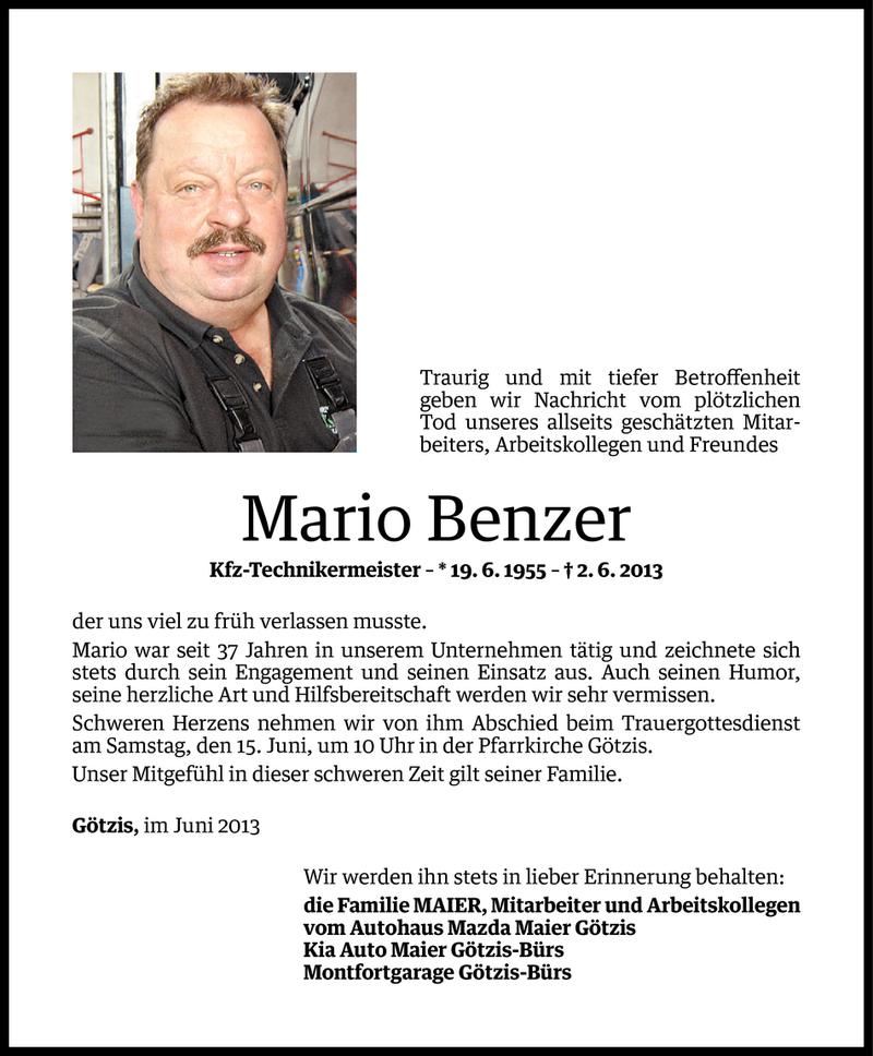  Todesanzeige für Mario Benzer vom 07.06.2013 aus Vorarlberger Nachrichten