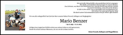 Todesanzeige von Mario Benzer von Vorarlberger Nachrichten