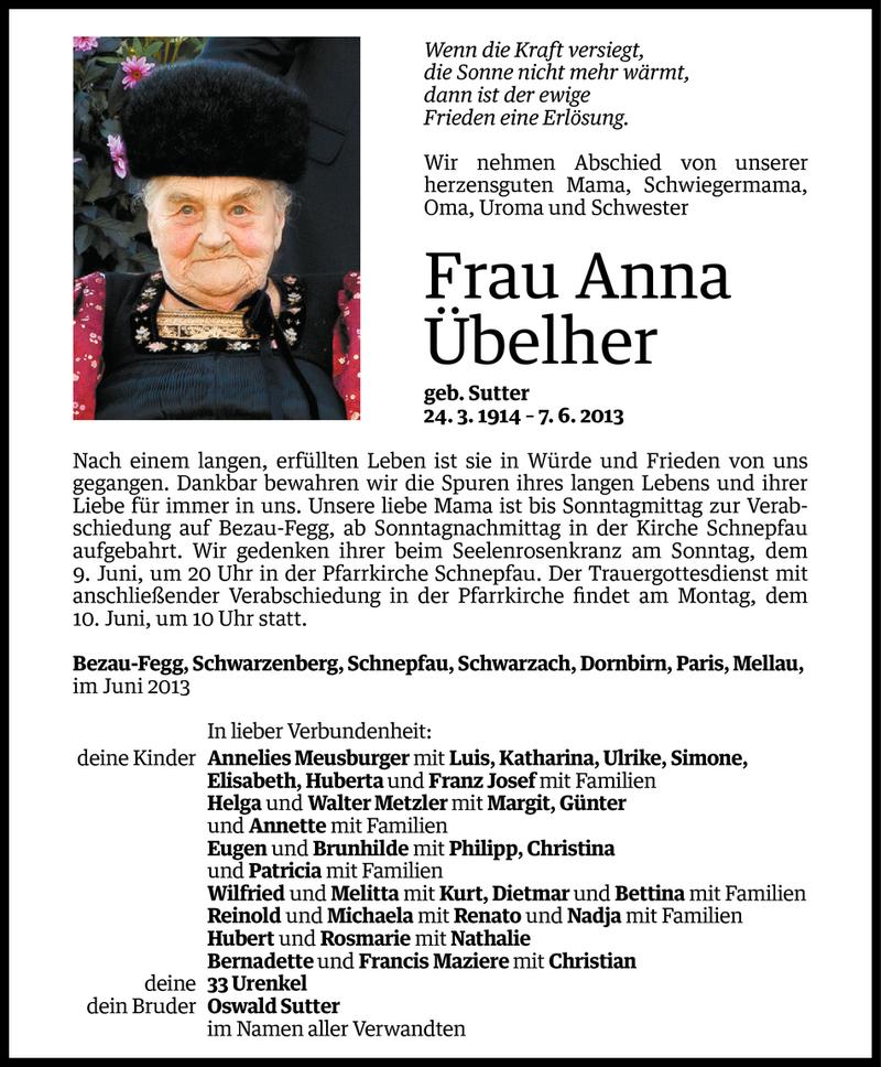  Todesanzeige für Anna Übelher vom 07.06.2013 aus Vorarlberger Nachrichten