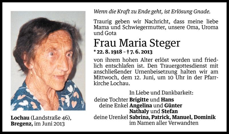  Todesanzeige für Maria Steger vom 09.06.2013 aus Vorarlberger Nachrichten