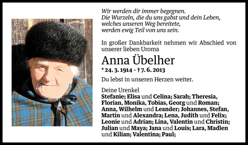  Todesanzeige für Anna Übelher vom 09.06.2013 aus Vorarlberger Nachrichten