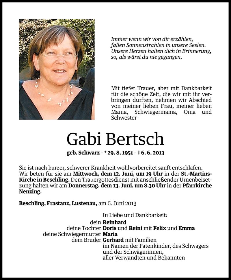  Todesanzeige für Gabi Bertsch vom 10.06.2013 aus Vorarlberger Nachrichten