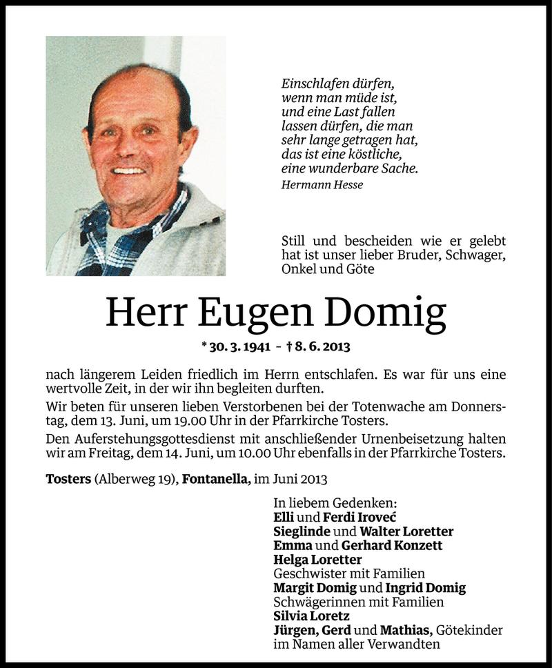  Todesanzeige für Eugen Domig vom 11.06.2013 aus Vorarlberger Nachrichten