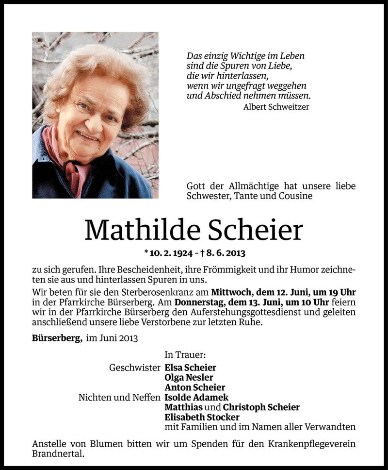  Todesanzeige für Mathilde Scheier vom 10.06.2013 aus Vorarlberger Nachrichten