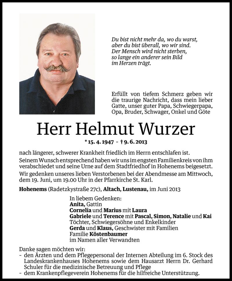  Todesanzeige für Helmut Wurzer vom 15.06.2013 aus Vorarlberger Nachrichten