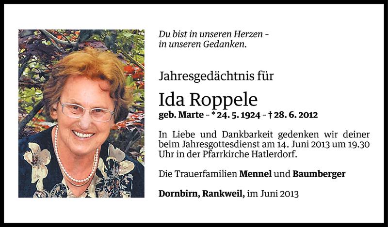  Todesanzeige für Ida Roppele vom 11.06.2013 aus Vorarlberger Nachrichten