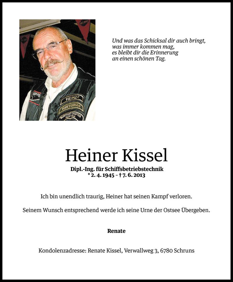  Todesanzeige für Heiner Kissel vom 12.06.2013 aus Vorarlberger Nachrichten