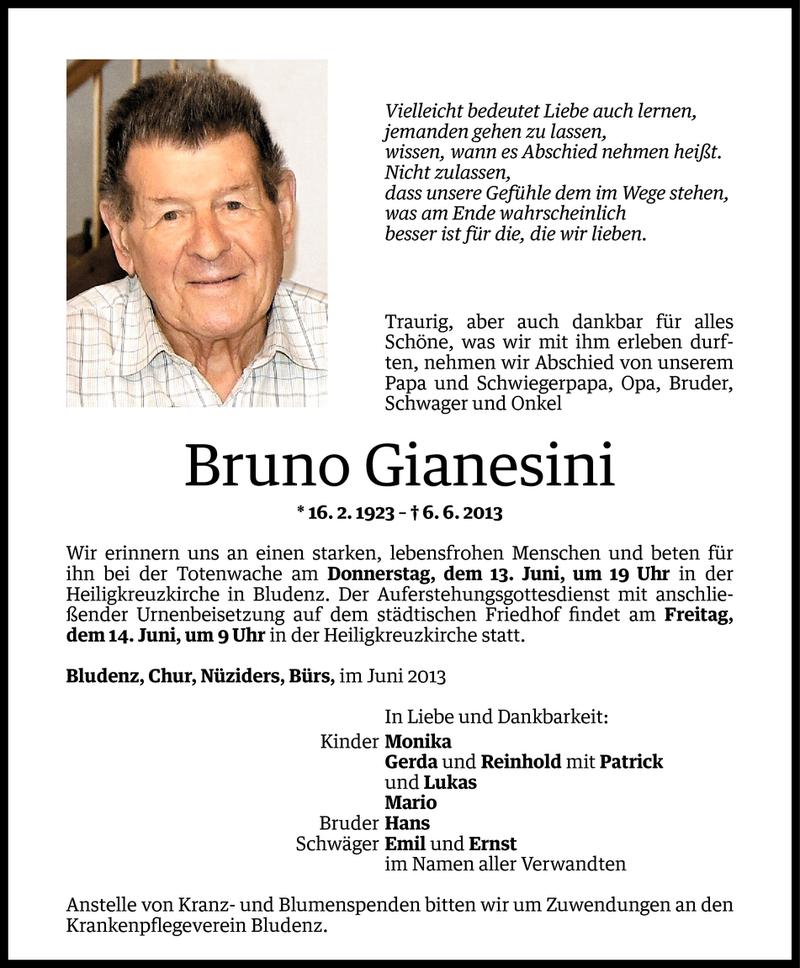  Todesanzeige für Bruno Gianesini vom 12.06.2013 aus Vorarlberger Nachrichten