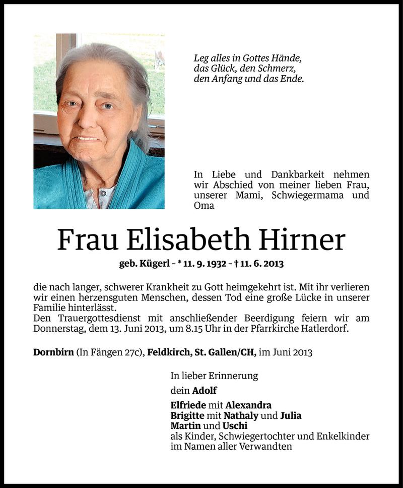  Todesanzeige für Elisabeth Hirner vom 11.06.2013 aus Vorarlberger Nachrichten