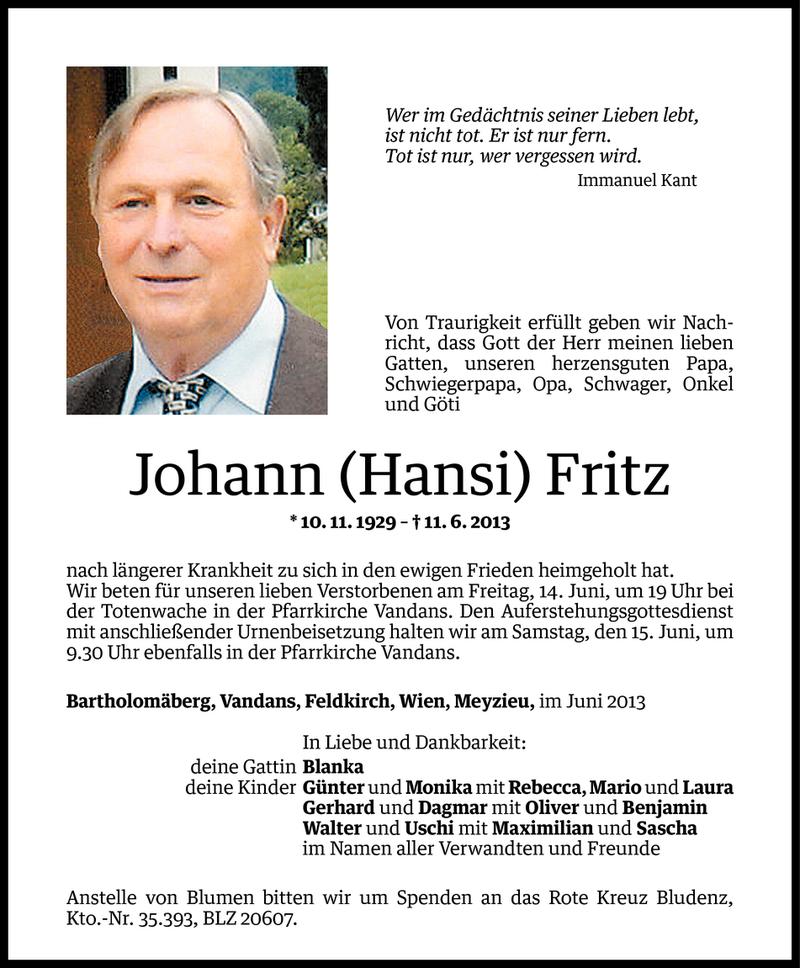  Todesanzeige für Johann Fritz vom 11.06.2013 aus Vorarlberger Nachrichten
