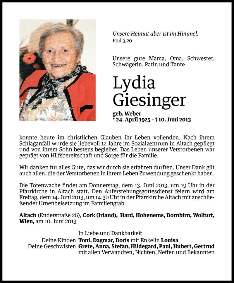  Todesanzeige für Lydia Giesinger vom 11.06.2013 aus Vorarlberger Nachrichten