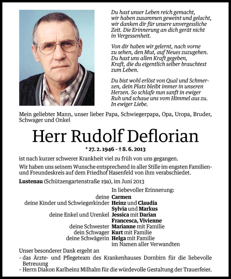  Todesanzeige für Rudolf Deflorian vom 13.06.2013 aus Vorarlberger Nachrichten