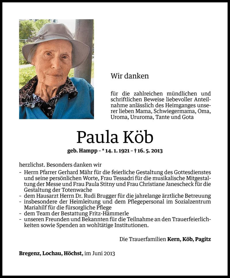  Todesanzeige für Paula Köb vom 12.06.2013 aus Vorarlberger Nachrichten