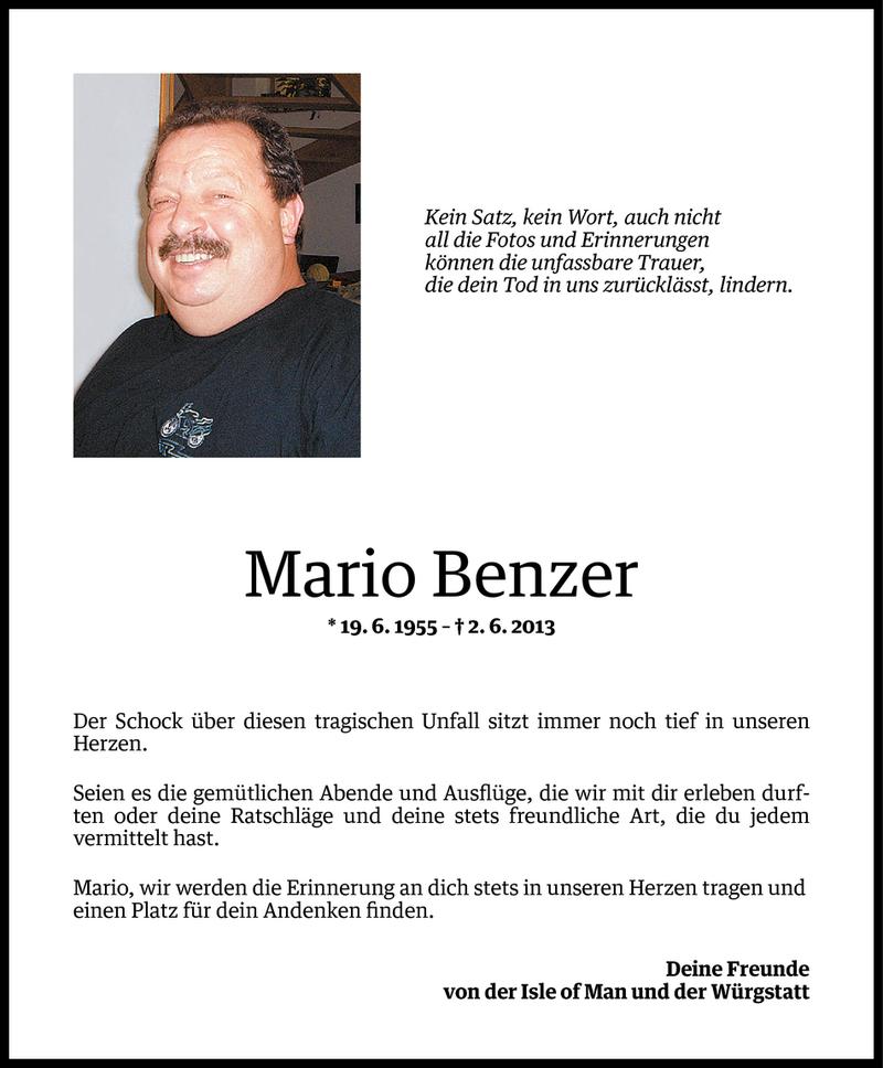  Todesanzeige für Mario Benzer vom 12.06.2013 aus Vorarlberger Nachrichten