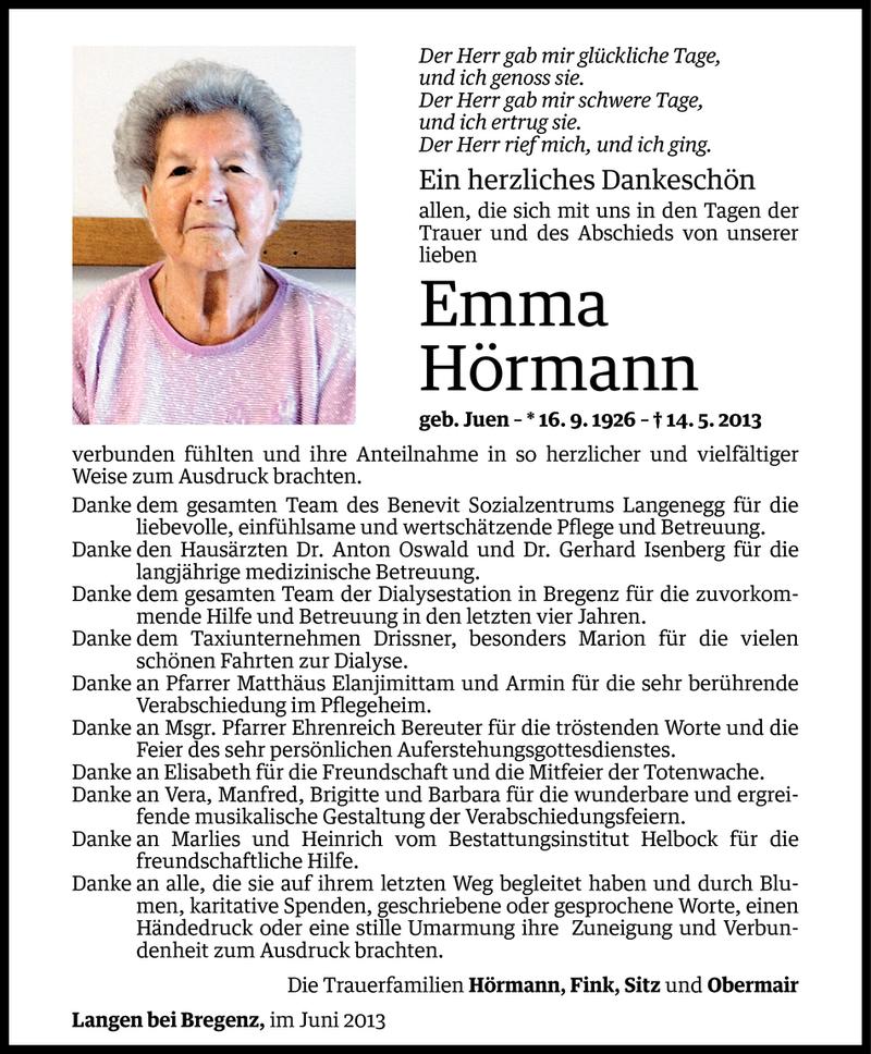  Todesanzeige für Emma Hörmann vom 13.06.2013 aus Vorarlberger Nachrichten